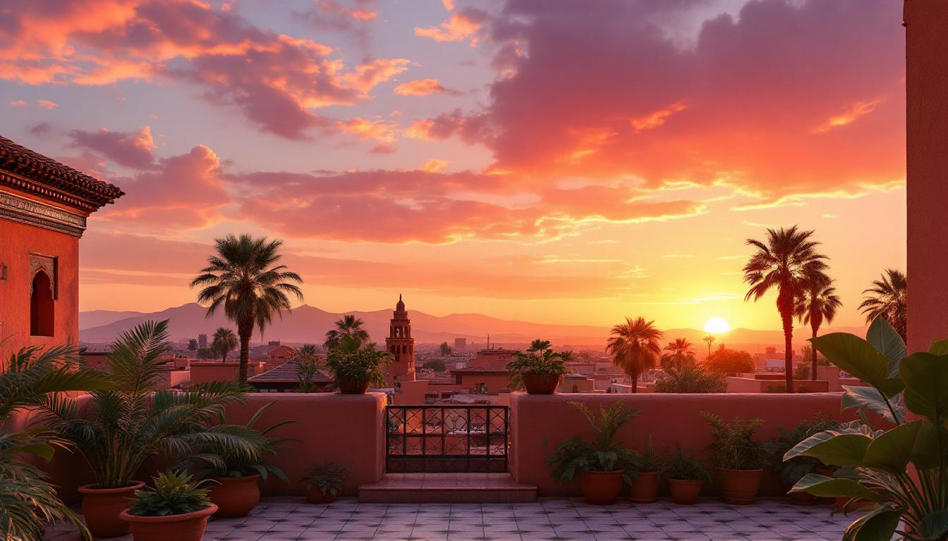découvrez un panorama à couper le souffle en admirant le coucher de soleil spectaculaire depuis un rooftop à marrakech. profitez d'une expérience inoubliable, entouré par les couleurs chatoyantes du ciel et l'atmosphère magique de la ville.