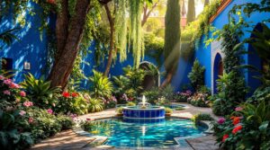 plongez dans la sérénité du jardin bleu de marrakech, un véritable havre de paix où nature luxuriante et couleurs éclatantes s’harmonisent. ne manquez pas cette oasis unique lors de votre visite au maroc !